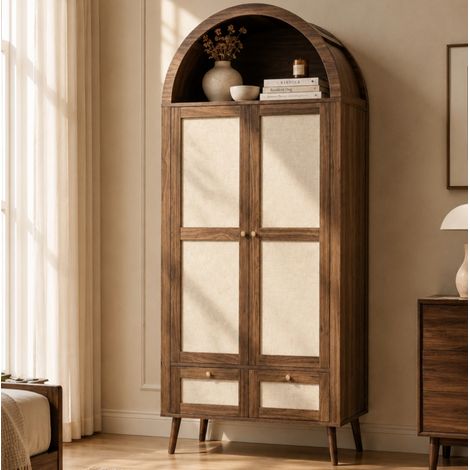 Armario de 2 puertas con barra, 2 cajones y nicho abierto 80 x 55 x 180 cm, MDF nogal y beige (1/5)