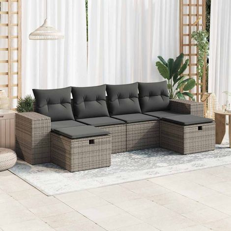 6-tlg. Garten-Sofagarnitur mit Kissen Grau Poly Rattan (1/5)