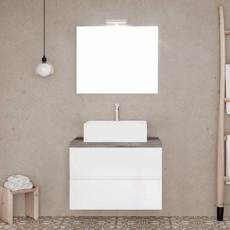 Mobile bagno sospeso 60 bianco top rovere fossile con specchio LED Town (1/5)