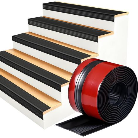 Protection de bord d'escalier, 3,7 m, autocollante, noire, moulage en caoutchouc antidérapant pour marches intérieures et extérieures, protection étanche en forme de L pour marches d'escalier (1/5)