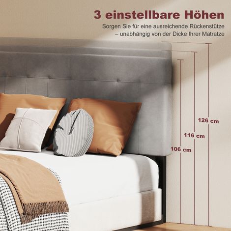 Tête de lit ajustable en hauteur (3 niveaux), pieds métalliques, aspect velours, pour chambre, 140x10x106/116/126 cm, gris (1/4)