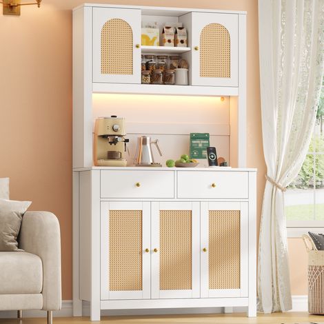 Buffet de cuisine haut avec LED et prises - 100x40x180cm vaisselier 5 portes en rotin et 2 tiroirs - Armoire de rangement pour salon salle à manger en MDF - Blanc (1/5)