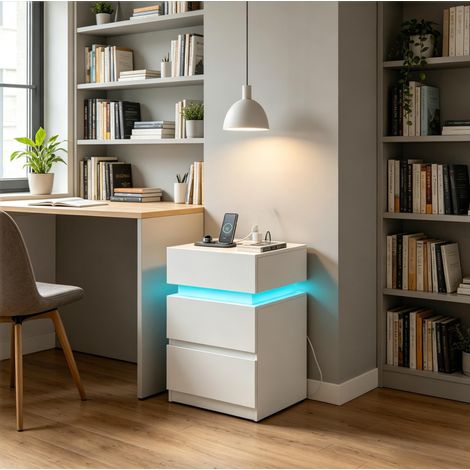 Muebles con LED y carga 2 piezas madera blanco OKMYHOME (1/5)