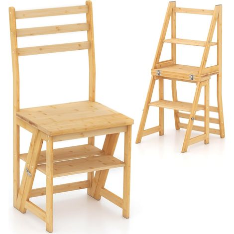 Costway – Escabeau pliable 3 en 1 en bambou – 3 marches – Dimensions 47 x 40 x 89 cm – Capacité 150 kg – Verrous latéraux sécurisés (1/5)
