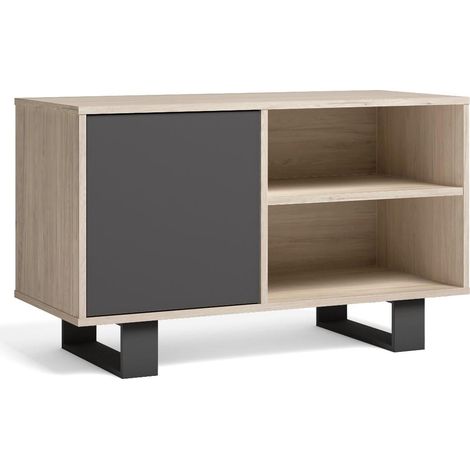 Skraut Home - TV-Möbel 100 mit linker Tür, Wohn-/Esszimmer, Modell WIND, Farbe Struktur Eiche, Farbe Tür Anthrazitgrau, 95x40x57cm. (1/4)