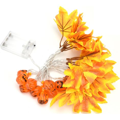 Halloween-LED-Lichterkette mit 20 LEDs, Kürbissen und gelben Ahornblättern, batteriebetrieben, für gruselige Partys im Innen- und Außenbereich, Herbstgartendekoration (Batterien nicht enthalten) (10 B (1/5)