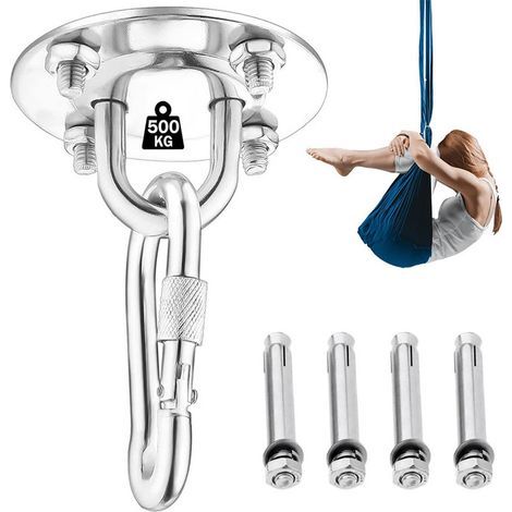 Crochet de plafond pour suspendre des hamacs, du yoga, des chaises suspendues, kit d'entraînement de suspension en acier inoxydable (avec mousqueton et vis de fixation), (1/5)