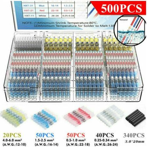 500Pcs Electrical Solder Terminals Heat Shrink Tubing, Heat Shrink Butt Solder Seal Waterproof Insulated Electrical Connectors Marine Automotive Copper TREETALK (1/5)
