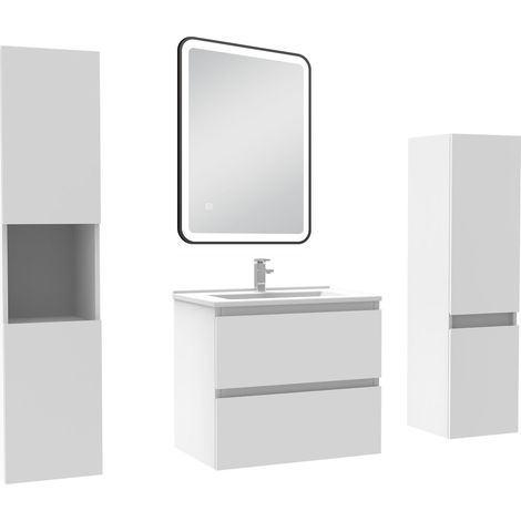 Acezanble Meuble Salle de Bain 60cm avec colonne + miroir lumineux 3 couleurs blanc