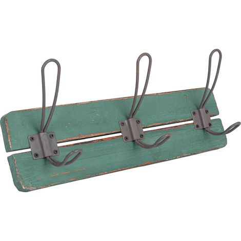 Percha de pared de madera con 3 ganchos verde 38x6x13.5h cm (1/5)
