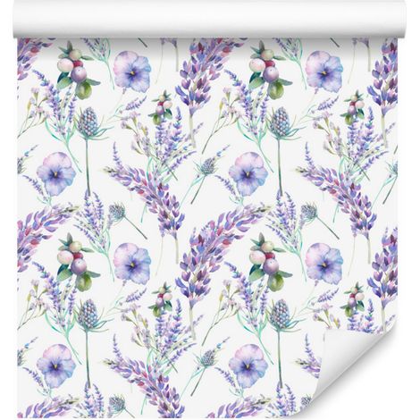 Papel pintado con estampado de plantas de lavanda morada para salón y dormitorio, 50x1000 cm. (1/5)