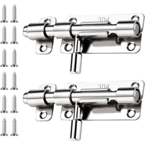 Verrous de porte, lot de 2, verrous coulissants, en acier inoxydable, antirouille et résistants à la corrosion, pour portes et fenêtres, couleur argent. (1/4)