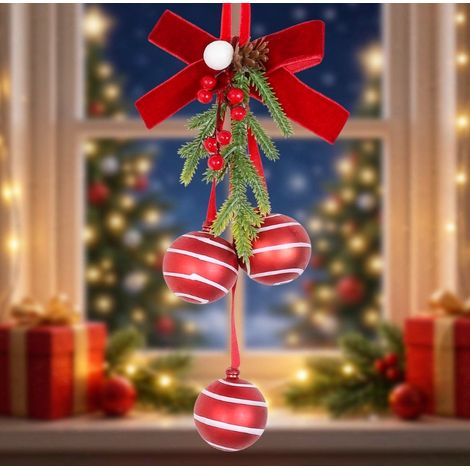 Décoration suspendue 3 boules de Noël rouges à rayures blanches 17 cm, ornement pour sapin avec nœud velours (1/3)