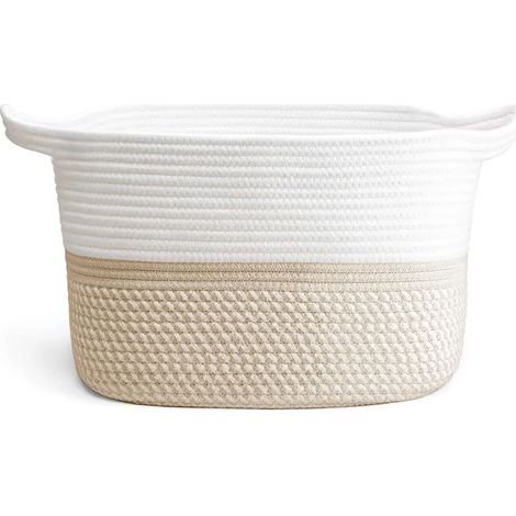 Panier de rangement en corde de coton 29x20cm avec poignées, pour linge, jouets et plantes, beige, bleu, blanc (1/5)