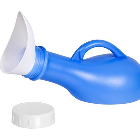 Bouteille urinoir portable unisexe 1L, bouteille anti-fuite avec entonnoir féminin, récipient à urine à bouchon à vis pour hommes et femmes, voyage, camping, urgence (bleu) (1/5)