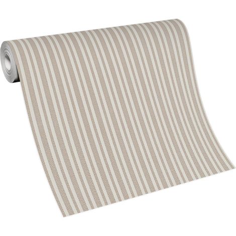 Papier peint beige créme à motif rayé pour couloir Tapisserie vintage à rayures beige & blanche Papier peint à motif style rétro (1/3)
