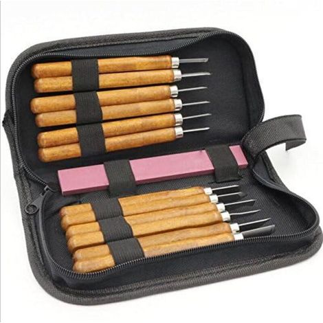 Kit d’outils de sculpture sur bois – 12 pièces (ciseaux à bois, gouges, pierre à aiguiser) avec étui de rangement – pour débutants et professionnels – haute précision, acier trempé