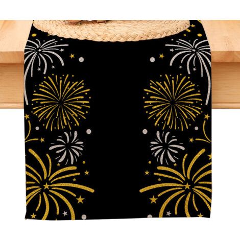 Chemin de table « Bonne année », nappe noire et or à pois et étoiles, décoration pour la maison et la cuisine, ambiance champêtre, linge de table en toile de jute pour les fêtes d'hiver 2026