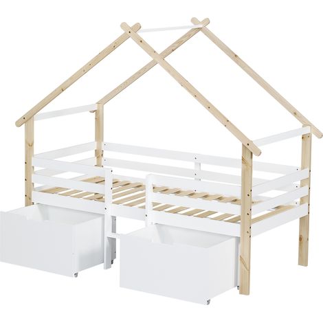 Lit enfant, lit mi-haut, lit cabane avec toit, clôture sur quatre côtés, avec escalier, 2 rangements à roulettes, pin + MDF, blanc + naturel, 90x200 cm