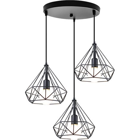 Retro Contemporary Chandelier Industrial Pendant Light Diamond Metal Shade 3 Lights Nostalgic Ceiling Light Vintage Pendant Lamp Black (1/4)