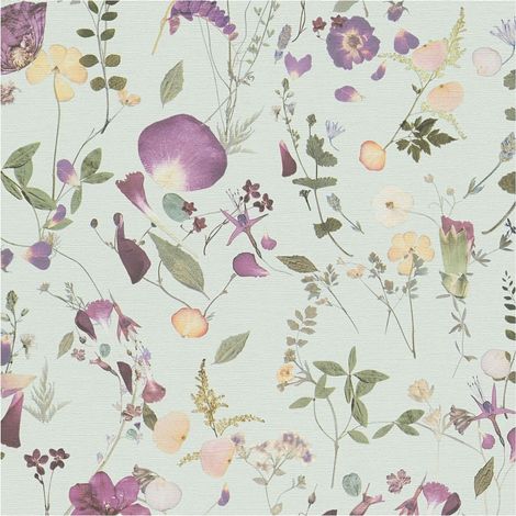Flowers wallcovering wall Profhome 397463 hot embossed non-woven wallpaper slightly textured with floral ornaments matt green violet yellow 5.33 m2 (1/5)