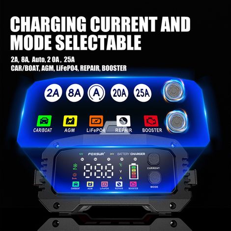 FOXSUR 25A Chargeur de batterie de voiture intelligent 12V/25A 24V/15A Portable en option Courant de charge Coque en alliage d'aluminium avec fonction BOOSTER pour batterie au plomb, batterie au