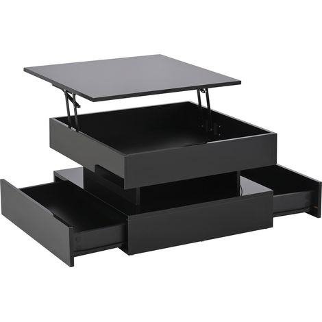 Tavolino da caffè elevabile 65 x 65 x 38,5 cm nero con LED, 2 cassetti e vano nascosto (1/5)