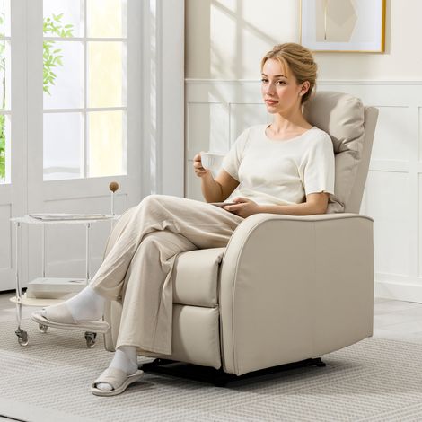Sillón Relax Reclinable Sofá Relax Tapizado en PU con Reposapiés Retráctil para Dormitorio Salón 65x89x100 cm Crema (1/5)