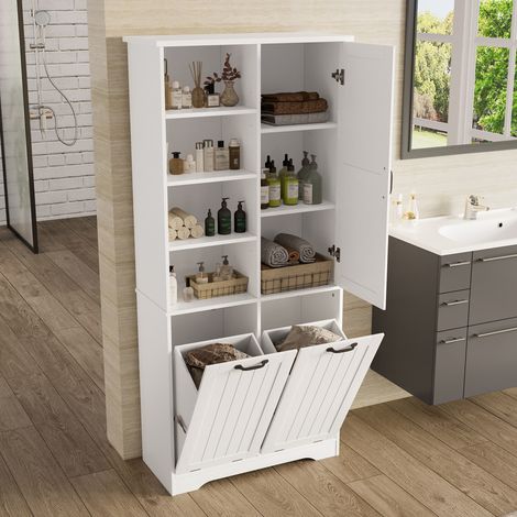 Armoire de salle de bain avec 1 Porte, 4 Niches ouvertes et 2 Paniers à linge, Étagère réglable, en MDF, Blanc, 78×35×172.7 cm (1/5)