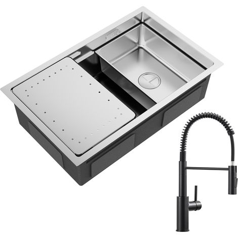 Cecipa Évier Cuisine 1 Bac 70×44cm avec Egouttoir et VasqueÉvier à Encastrer Inox Brossé + Mitigeur de Cuisine à Ressort avec Douchette Extractible, Robinet Evier 2 Modes de Sortie D'eau, Noir (1/5)