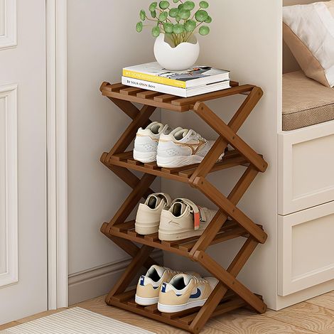 Étagère à chaussures en bambou 4 couches - Portable - Pas d'installation de meuble à chaussures extensible - Utilisé pour le rangement des chaussures dans les couloirs, les chambres, les (1/5)