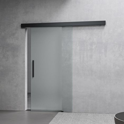 Mai & Mai Porta Scorrevole in Vetro 102.5x215cm, Porta Scorrevole in Vetro Satinato 8mm con Binario e Maniglia Per Asta, Distanza dal Muro 25mm, Nero, Amalfi-plus 14H