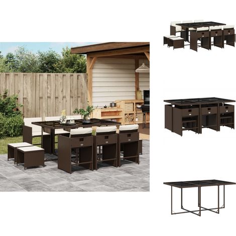 11-tlg. Garten-Essgruppe mit Kissen Braun Poly Rattan - Gartenmöbel Set - PE-Rattan Möbel - Gartentisch - Gartensessel - Gartenhocker (1/5)