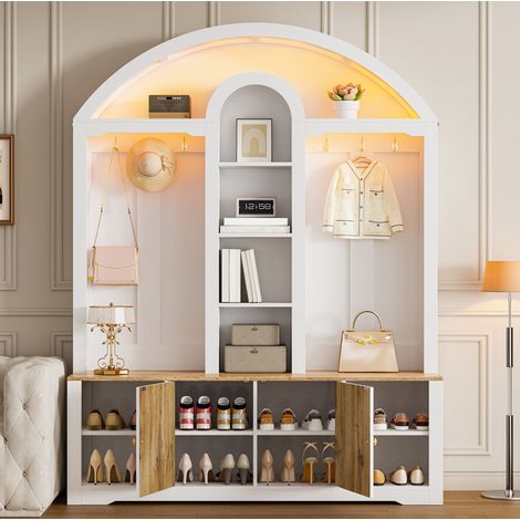 Armoire d’entrée 150x40x195 cm blanche en MDF avec étagères, crochets et éclairage LED USB (1/5)