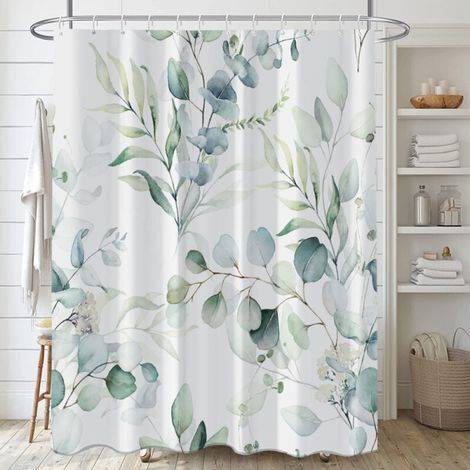 180x180cm Eucalyptus Shower Curtain, White Floral Green Leaves Shower Curtain, Waterproof Anti-Mold Bath Curtain, Washable Polyester Fabric Bathroom Curtain (1/5)