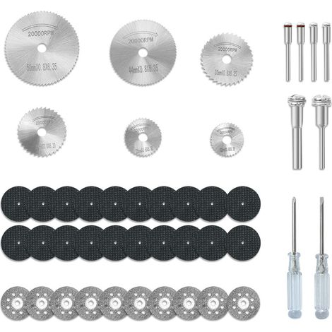 Juego de 44 discos de corte compatibles con plástico para herramientas rotativas, 6 hojas de sierra circular HSS, 20 discos de corte de resina, 10 discos de corte de diamante con 2 destornilladores.