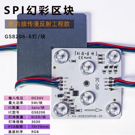 Projecteur bloc LED RGB GS8206 haute puissance 24 V à 6 LED, SPI, couleur, avec fonction de reprise, source lumineuse ponctuelle à lumière douce.