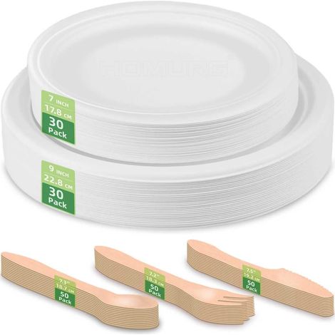 assiettes carton ronde et couverts jetables anniversaire mariage, ensemble assiette en papier blanche rigide de noël, vaisselle jetable 150 pièces, service de table complet lot de 30 personnes (1/5)