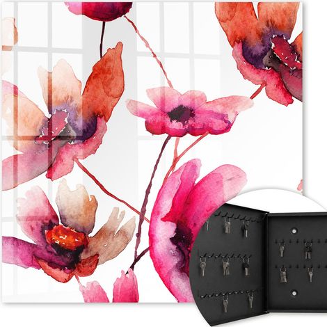 Armoire à clés - (30 cm x 30 cm) - Boîte à clés murale - Coffret de rangement pour clés - Couleur noire - Ouverture vers la gauche - Pour maison et bureau - fleurs à l'aquarelle
