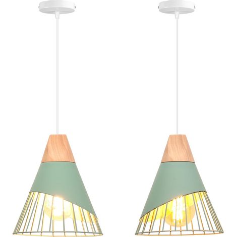 2 packs Suspensions Luminaires Modernes Industrielles Bois Lustre Abat-jour Métal Vintage forme Cage Ø25cm Plafonnier E27 Design pour Cuisine Chambre Salon (Vert-2pcs) [Classe énergétique A]