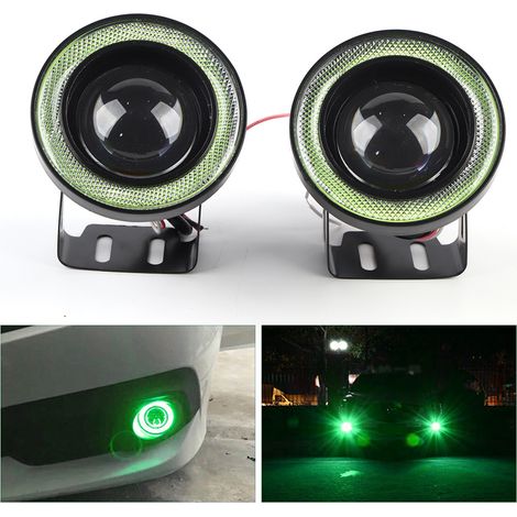 Modification de voiture : feux antibrouillard étanches 30W avec halo vert œil d'ange, feux antibrouillard LED blancs, feux de jour COB œil-de-bœuf, vendus par paire pour 89 mm. (1/5)
