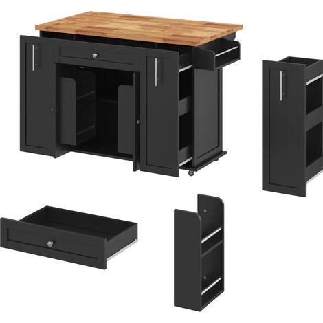 Isla de cocina móvil con encimera abatible, carro de cocina de MDF negro y natural, 120 x 45 x 87 cm (1/5)