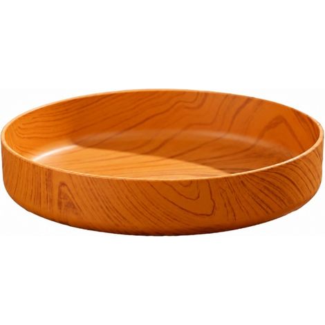 Assiette à fruits ronde imitation bois, plateau de service rétro en plastique, rangement pour en-cas, 22 cm. Imitation noyer (grand bol rond), diamètre 25 cm, hauteur 5,5 cm. (1/5)