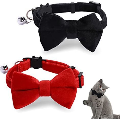 Set aus 2 Samt-Katzenhalsbändern mit Glöckchen und Fliege, verstellbare Halsbänder für Katzen, Kätzchen und kleine Welpen, Sicherheitsfliege, einfarbig, für Hochzeiten (1/5)