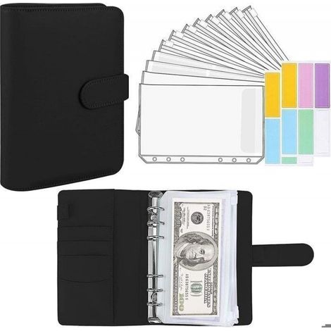Classeur A6 en PU Cuir, Budget Planner, Housse de Cahier 6 Anneaux avec 12 Pochettes Transparentes Zippées Dossier Pour (1/5)