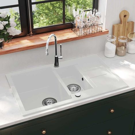 Évier de cuisine Granit Double lavabo Blanc (1/5)