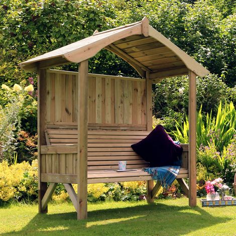 Zest Tenby Arbour Wooden Garden Seat Bench Shelter Sun Shade & Stone Cushion Pad