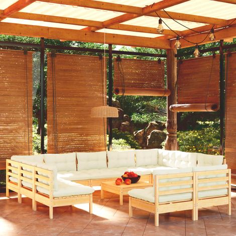 12-tlg. Garten-Lounge-Set mit Creme Kissen Massivholz Kiefer (1/5)