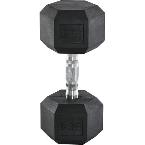 Mancuernas hexagonales de goma de 17,5 kg, de hierro fundido, para entrenamiento de fuerza, color negro. Disponibles en tienda. (1/5)