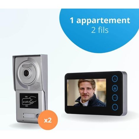 Portier interphone vidéo NEO 2 Fils pour 2 entrées - 1 appartement - 2 platines - 1 écran noir - avec lecteur de badge